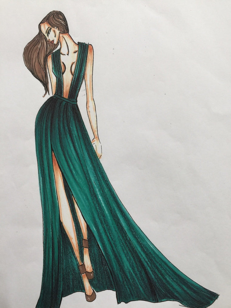 Design sketch of a custom silk chiffon gown