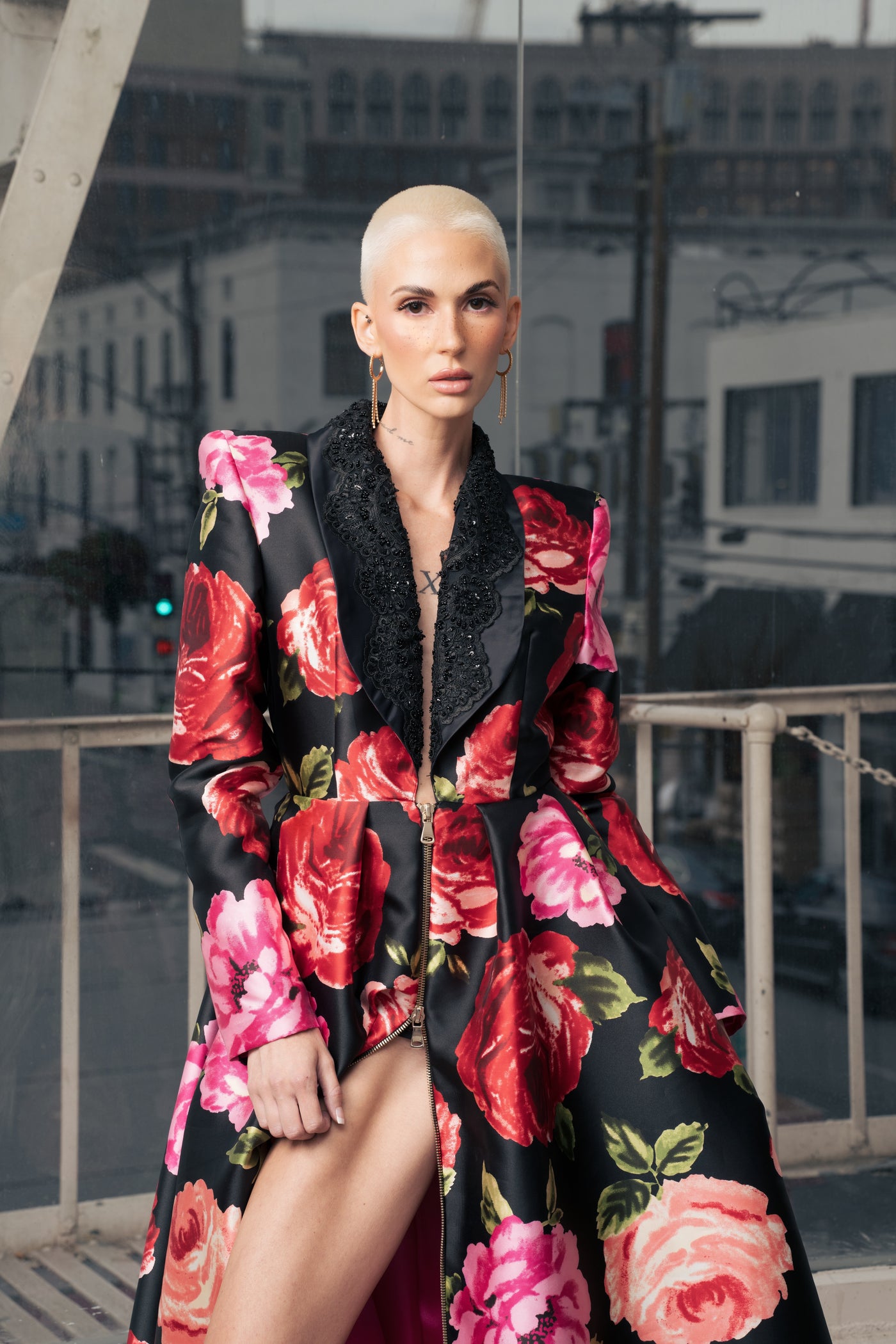Meadow, long-sleeve structured floral gown